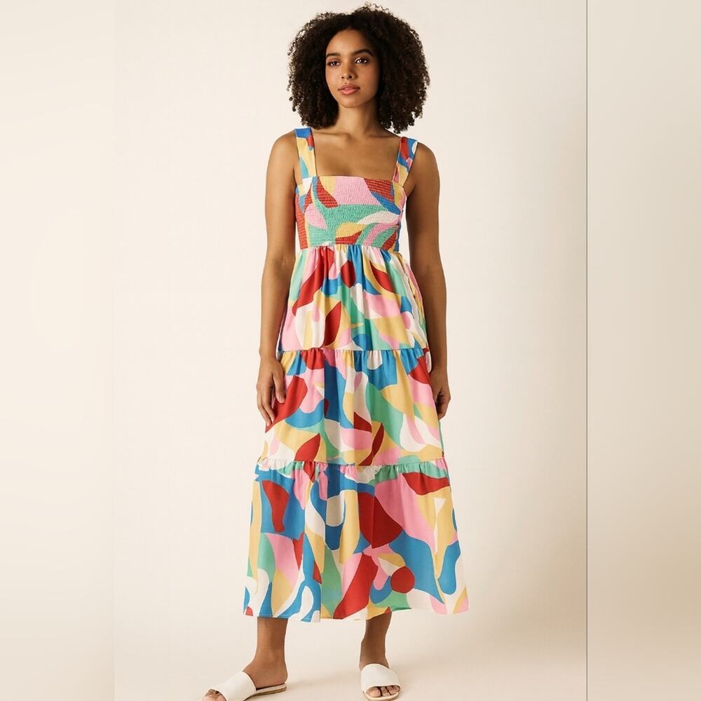 Flying Tomato Shirred Colorful Teired Maxi Dress With Tie Straps Sz. L #1969